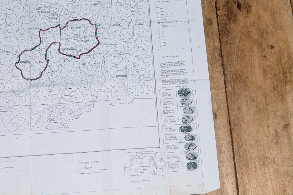 Map of customary land claim made by Long Sepigan and three other Penan villages, signed with the thumb prints of headmen including Kelesau Na'an who died under suspicious circumstances in 2007Photo: Andrew Hetherington
