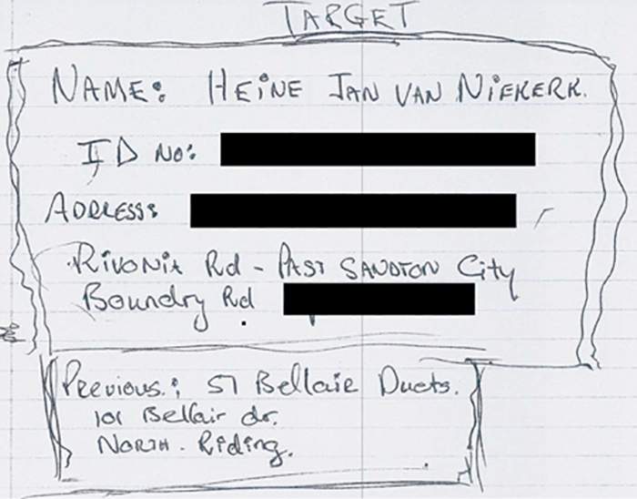 Ex-mercenary Sailor van Schalkwyk filed a picture of van Niekerk in a handwritten dossier headed ‘target’. ©Global Witness